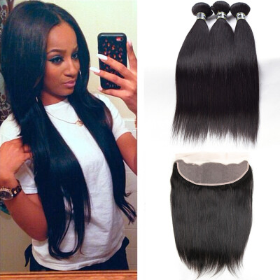 

7A Peruvian Virgin Hair 3 Bundles With Frontal Straight Hair Unprocessed Human Hair Weave Extensions Good Quality 1B Color