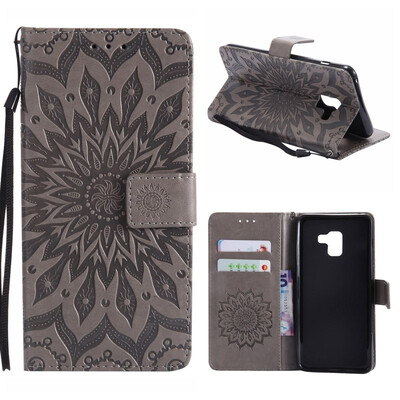 

MOONCASE Samsung Galaxy A8 2018 Wallet CaseSun Flower Pattern Embossed PU Leather Magnetic Flip Cover Card Holders - Grey