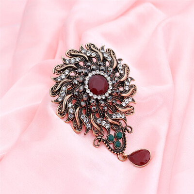 

New Turkish Vintage Water Drop Resin Pendant Brooch Pins Antique Gold Color Red Round Stone Bohemia Ethnic Wedding Jewelry 2018