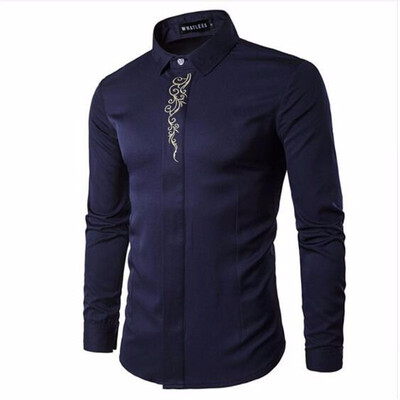 

Men Long Sleeve Shirts Luxury Gold Embroidery Printed Brand Weeding Shirt Gentleman Tuxedo Shirts Chemise Homme Solid Camisas