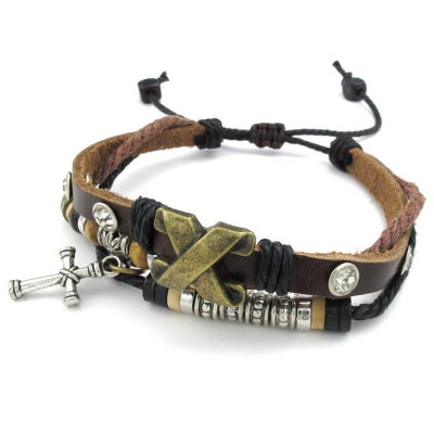 

Hpolw Mens&Womens Stainless-Steel Leather Bracelet and Silver&Brown Cross Charm Rope Bracelet crystal Bangle