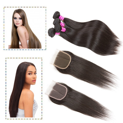 

Glary 8A Brazilian Human Hair 4 Bundles with Closure Silky Straight Weaves 100 Unprocessed Virgin Hair Extensions Natural Black