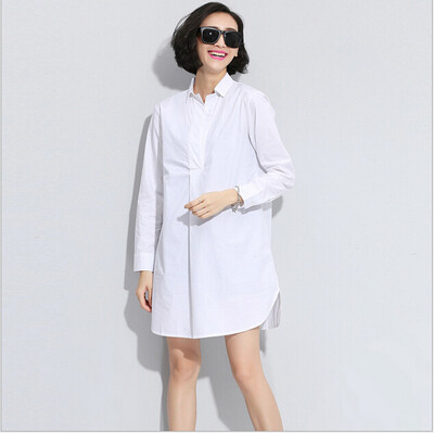 

Lovaru ™Новые корейские большого размера свободной женщины в длинный отрезок с длинными рукавами белой рубашки рубашка твердое дикий осенний