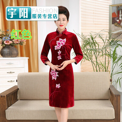 

Qipao spring&autumn Qipao skirt old mother dress improve middle length middle sleeve seven points big code wedding dress