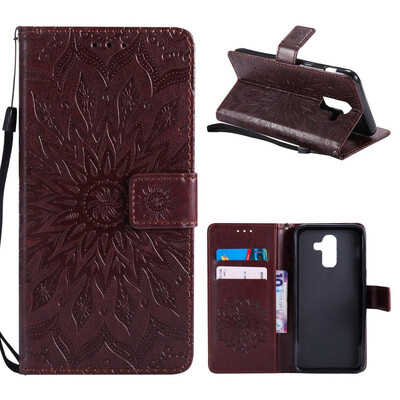 

MOONCASE Samsung Galaxy J8 Wallet CaseSun Flower Pattern Embossed PU Leather Magnetic Flip Cover Card Holders - Brown