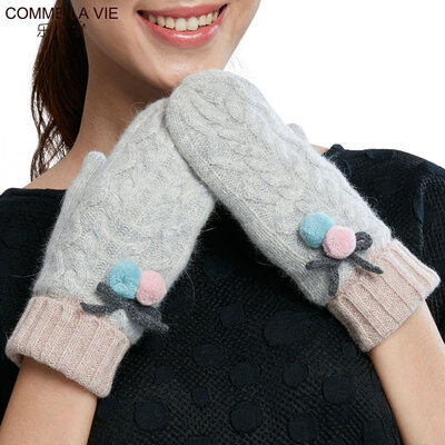 

Le for comme lavie knitted gloves ladies autumn&winter days wool rabbit hair cute hair ball outdoor warm plus velvet thickening mittens womens 15FD366 gray code