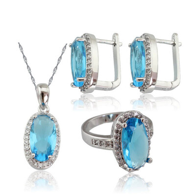 

Fashion Dark Blue Stone Silver Plated Jewelry Sets for Women Pendant Clip Earring Ring Three Colors Available Free Jewelry Box