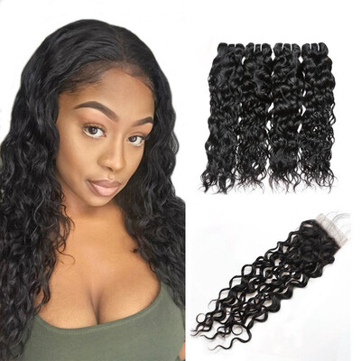 

Unprocessed Brazilian Water Wave Virgin Hair 4 Bundles With Closure Brazilian Virgin Hair With Lace Closure Ishow Hair Products