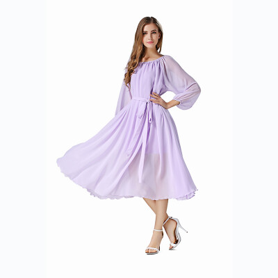 

Buenos Ninos Women's Long Sleeve Crew Neck Loose Chiffon Long Maxi Dress with Belt