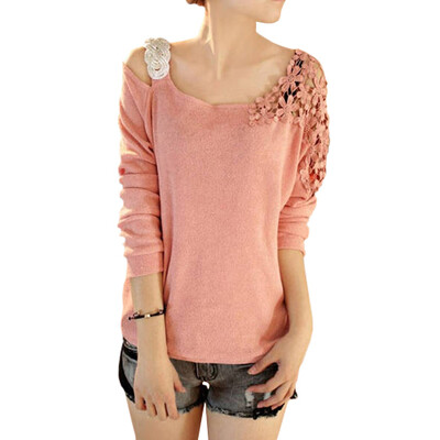 

CT&HF Women Hook Flower One Shoulder Pullover Sweater