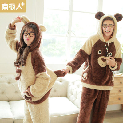 

Antarctic couple pajamas female winter head flannel long sleeve cartoon monkey coral fleece home service T-DR8018 male models brown L code