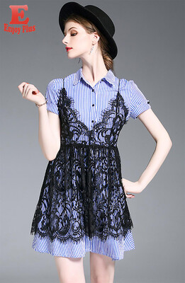 

S M L XL elegant new summer 2018 women dress short sleeve blue&white striped black lace two piece set office lady knee length