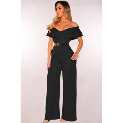 

New Fashion Women Sexy Strapless Jumpsuit Falbala Neckline Solid Color Off Shoulder Casual Jumpsuit