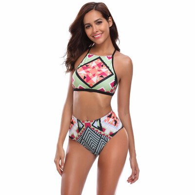 

Weis New High Collar Cross Strap Fashion Geometric Print High Waist Flat Angle Split Swimsuit 410495