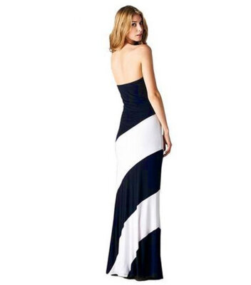 

Women Striped Maxi Dress Strapless Black White Jersey Long Color Block