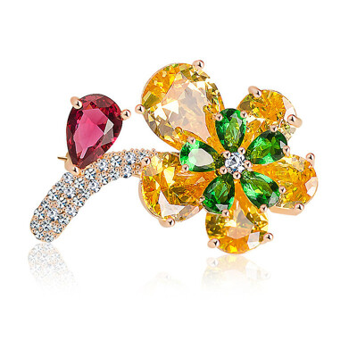 

Aiyaya Oval-cut Waterdrop 5 Leaf Flower Emerald Ruby Yellow Micro Cubic Zircon 2 Level Brooches High Quality