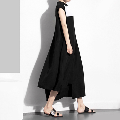 

QUZIHUA 2018 New Arrival Black And White Hit Color Stand Collar Sleeveless Loose Summer Women Maxi Dresses