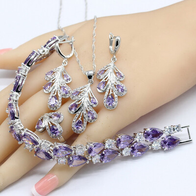 

Purple Water Drop 925 Silver Jewelry Sets For Women Party Wedding Bracelet Earrings Necklace Pendant Rings