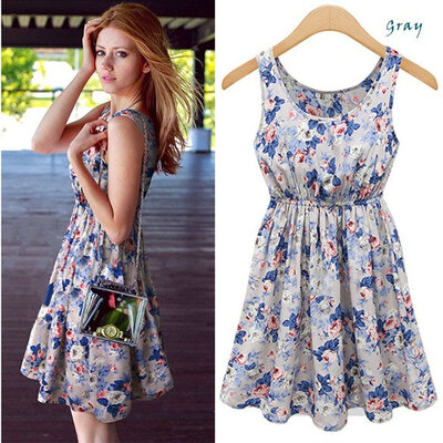 

New Womens European Style Flower Print Sleeveless Vest Dress Ladies Party Evening Dress