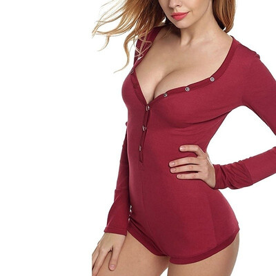 

Women Sexy Deep V-neck Button Slim Skinny Jumpsuits Long Sleeve Bodysuit Shorts