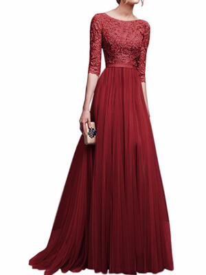 

A-Line Jewel Neck Floor Length Georgette Prom Formal Evening Dress with Appliques long sleeve