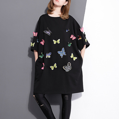 

2018 New Embroidery Butterfly Long T-shirt Loose Black T-shirt Female Three Quarter Large Size Summer T-shirt