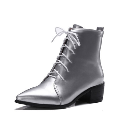 

IDIFU Womens Sexy Pointed Toe Blocked Mid Heel Lace-up Patent Leather Short Boots