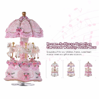 

Luxury Dream 3-Horse Rotating Carousel Merry-go-round Windup Music Box with Colorful Color Change LED Luminous Light Melody of Cas