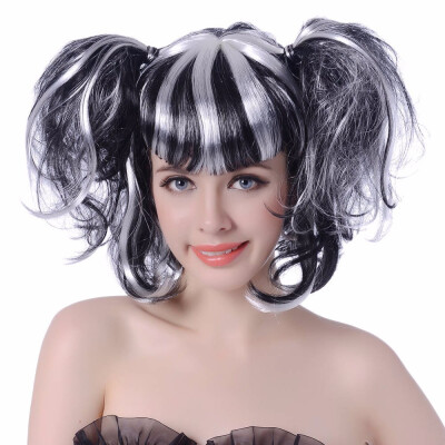 

12" Short Wig With Bangs Synthetic Fake Hair Pink Black White Color Mixing Custom Cosplay Wigs For Women Heat Resistant 160g