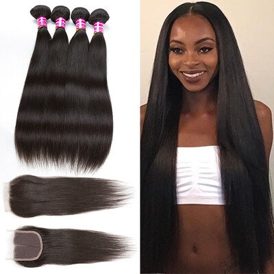 

Glary 8A Unprocessed Human Hair Weave Cheap Brazilian Remy Straight Virgin Hair With Closure 4 Bundles Free Shipping