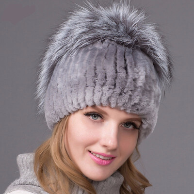 

Real Natural Rex Rabbit Cap Winter Thicken Warm Knit Cap Female Fox Hat Hot Sale New Discount
