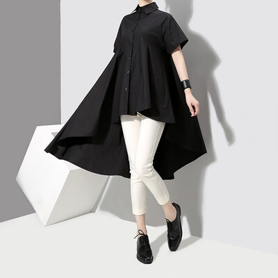 

QUZIHUA 2018 New Arrival Fashion Style Black White Plus Size Turn Down Collar Asymmetrical Casual Dress Summer Women