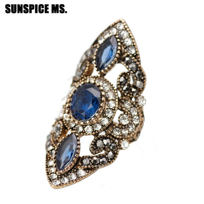 

Exquisite Full Crystal Round Resin Vintage Rings Turkish Women Ethnic Wedding Ring India Jewelry Hollow Flower Party Accessories