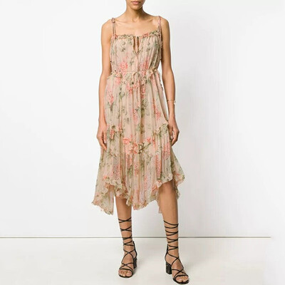 

Print Irregular Dress Female Off Shoulder Lace Up Tunic High Waist Ruffles Long Holiday Dresses 2018 Summer Fashion