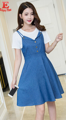 

XL XXL 3XL 4XL 5XL plus size cotton casual new summer 2018 women jeans dress sleeveless big size blue denim tow piece set lady