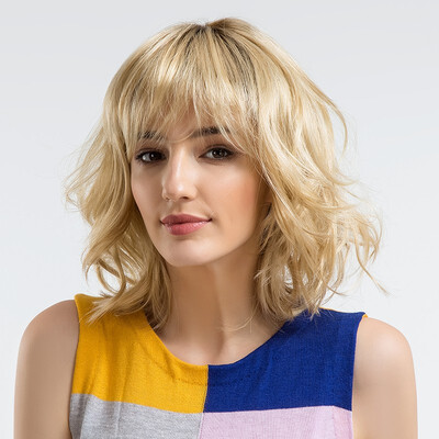 

BLONDE UNICORN Synthetic Wig With Bangs Dark Root Ombre Blonde 14 Inch Sexy Fluffy Water Wave Blonde Hair Wigs For Women