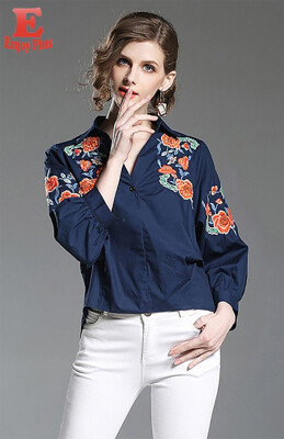 

M L XL new summer 2018 women blouse shirt long sleeve blue loose casual with digital flower embroidery top lady