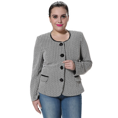 

POPBASIC Womens Round Neck Slim Fit Black And White Grid Lady Blazer Coat