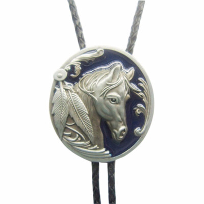 

Vintage Blue Enamel Western Horse Head Oval Bolo Tie also Stock in US