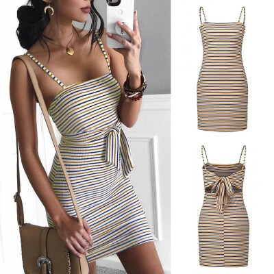 

Sexy Summer Fashion Lace Up Striped Back Bowknot Dress Sleeveless Slim Hip Dress