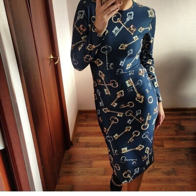 

2016 New Women winter ladies o-neck long sleeve office dress keys pattern print elegant evening party casual dress Free Shipping