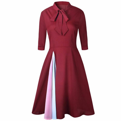 

Office Lady Dress Women Elegant Vintage Style Evening Party Dresses Women Half Sleeves Stand Neck Business Bowknot Vestidos