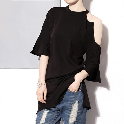 

QUZIHUA 2018 New Summer Half Flare Sleeve Off The Shoulder O-neck Black White Loose Mini Dress Women