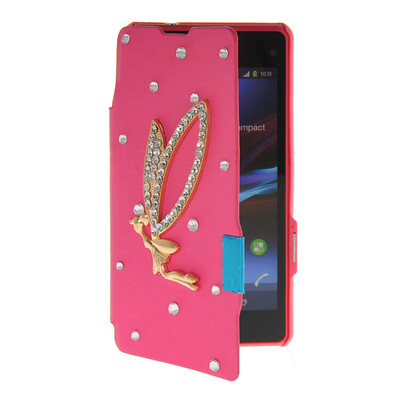 

MOONCASE Rhinestone Crystal Ultre Slim Leather Side Flip Wallet Back ЧЕХОЛ ДЛЯ Sony Xperia Z1 Compact (Mini) Hot pink