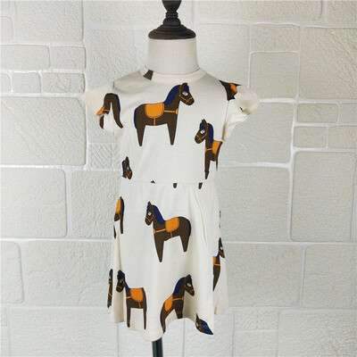 

beige cotton yellow horse printing Flying sleeve autumn dress for kids girls
