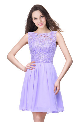 

A-Line Short Sleeveless Bateau Chiffon Ruffles Lace Top Prom Dresses