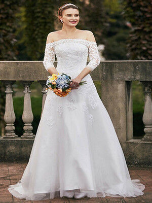 

A Line Off Shoulder Sweep Brush Train Lace Tulle Wedding Dresses with Beading Appliques by CIRCELEE®