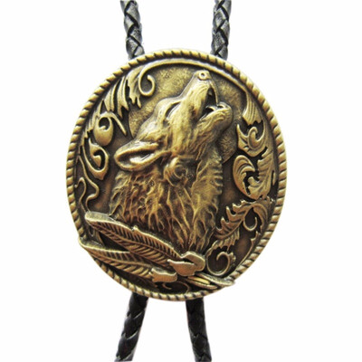 

Vintage Bronze Plated Western Wolf Bolo Tie Wedding Leather Necklace