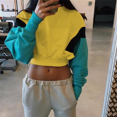 

Women Spring Autumn Cute Pinkycolor Orange Hoodies Long Sleeve Loose Crop Top Sweatshirt Casual Patchwork Cloth