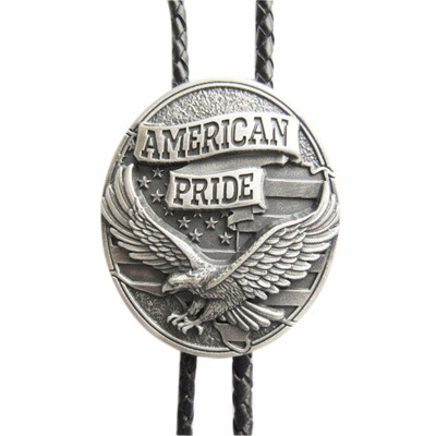 

Vintage Silver Plated Western Eagle Flag Oval Bolo Tie Leather Necklace